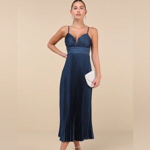 Navy Blue Satin Pleated Mini Dress